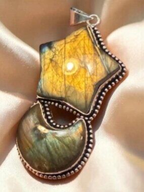 Labradorite Star and Moon Pendant Gold Flash Stone Silver Tone 3"